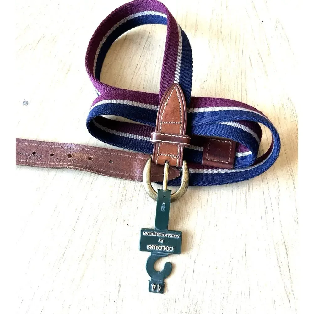 2* VTG Golf Belt Men 42/44 Burgundy Blue Stripe Canvas Brown Leather Colours R